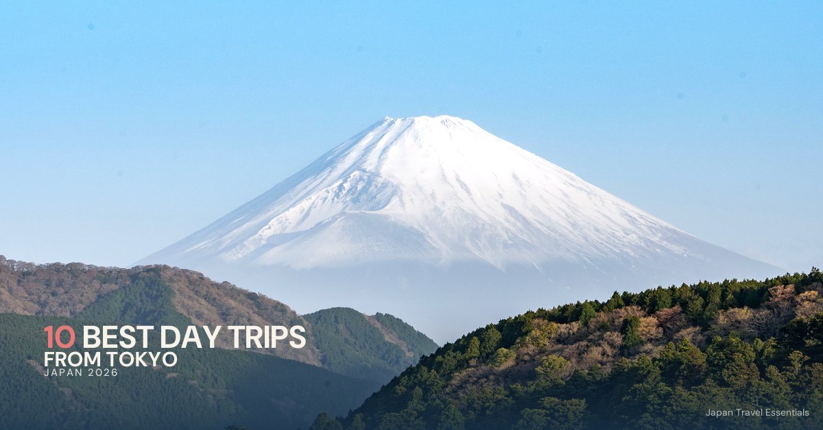 Red torii gate on a lake with Mount Fuji in the background, from a 2026 guide to the best day trips from Tokyo