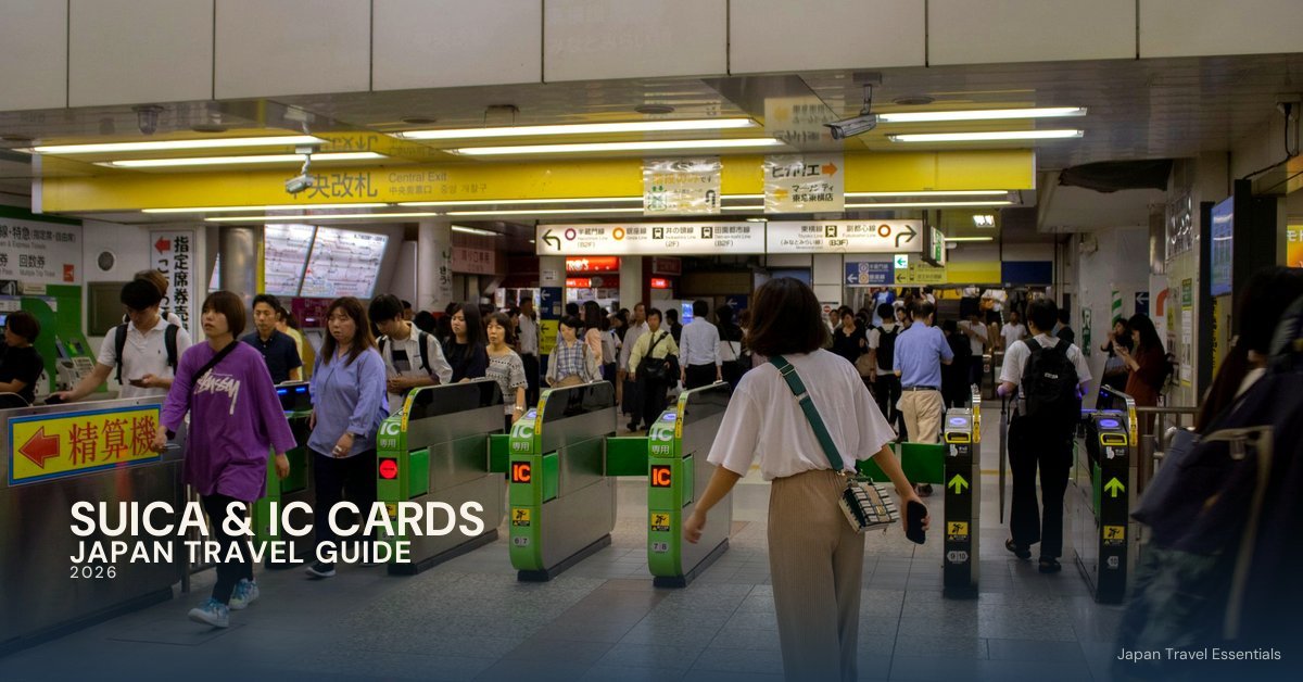 Commuters passing through a bright ticket gate at a Japan train station, from a 2026 guide to using Suica and IC cards