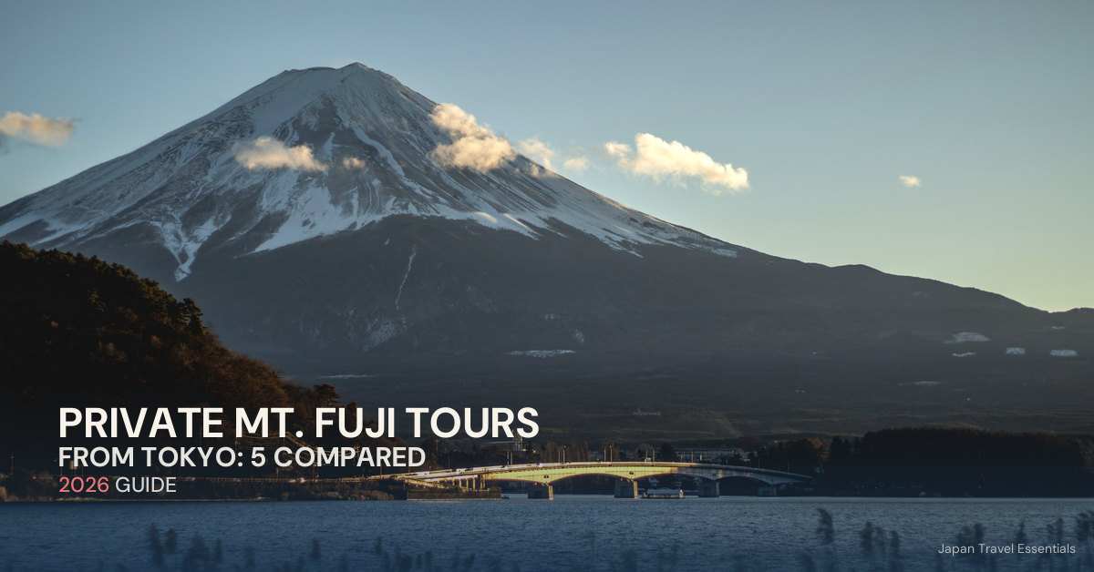 Mount Fuji at sunset with the illuminated bridge over Lake Kawaguchi, from a 2026 guide comparing private Mt. Fuji tours from Tokyo
