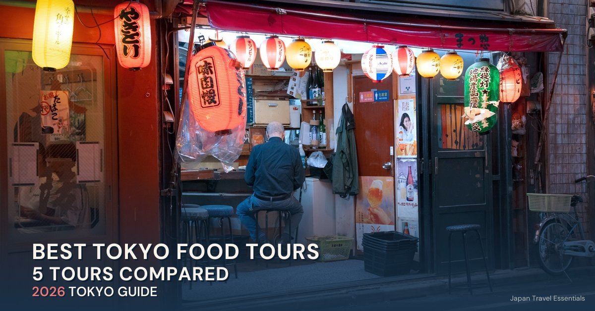 Lantern-lit yakitori shop at night in Tokyo, from a 2026 guide comparing Tokyo food tours